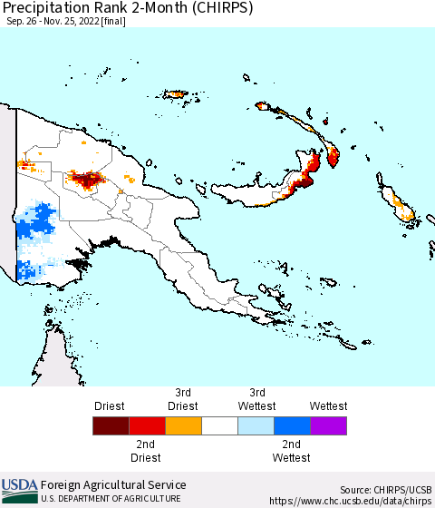 Papua New Guinea Precipitation Rank since 1981, 2-Month (CHIRPS) Thematic Map For 9/26/2022 - 11/25/2022
