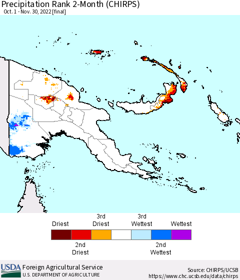 Papua New Guinea Precipitation Rank since 1981, 2-Month (CHIRPS) Thematic Map For 10/1/2022 - 11/30/2022