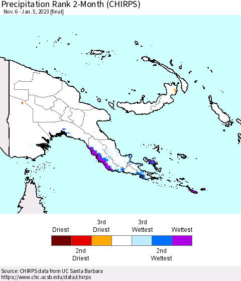 Papua New Guinea Precipitation Rank since 1981, 2-Month (CHIRPS) Thematic Map For 11/6/2022 - 1/5/2023