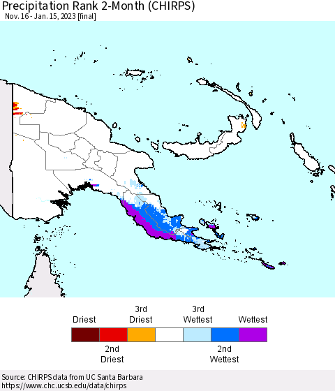 Papua New Guinea Precipitation Rank since 1981, 2-Month (CHIRPS) Thematic Map For 11/16/2022 - 1/15/2023
