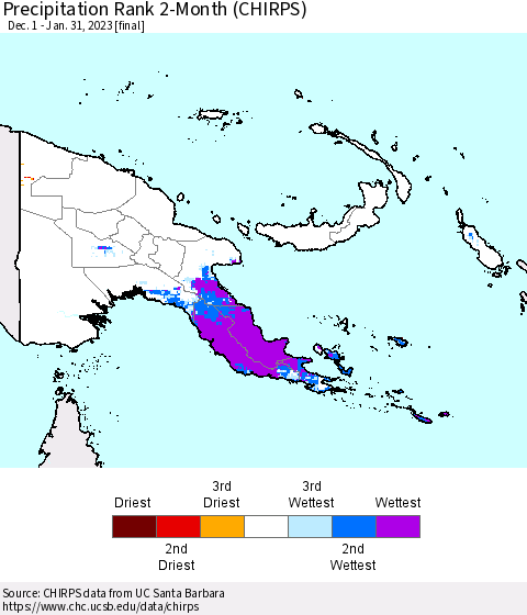 Papua New Guinea Precipitation Rank since 1981, 2-Month (CHIRPS) Thematic Map For 12/1/2022 - 1/31/2023