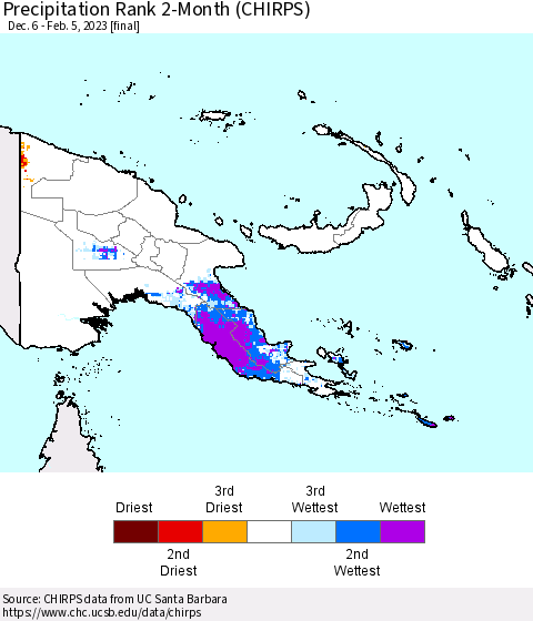Papua New Guinea Precipitation Rank since 1981, 2-Month (CHIRPS) Thematic Map For 12/6/2022 - 2/5/2023