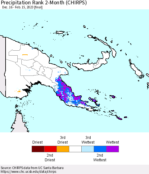 Papua New Guinea Precipitation Rank since 1981, 2-Month (CHIRPS) Thematic Map For 12/16/2022 - 2/15/2023
