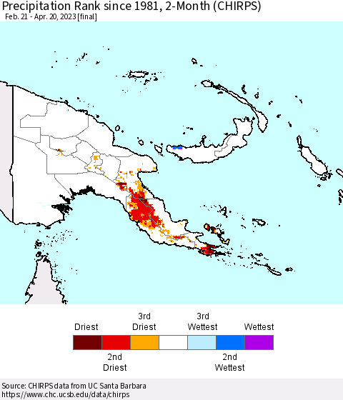 Papua New Guinea Precipitation Rank since 1981, 2-Month (CHIRPS) Thematic Map For 2/21/2023 - 4/20/2023