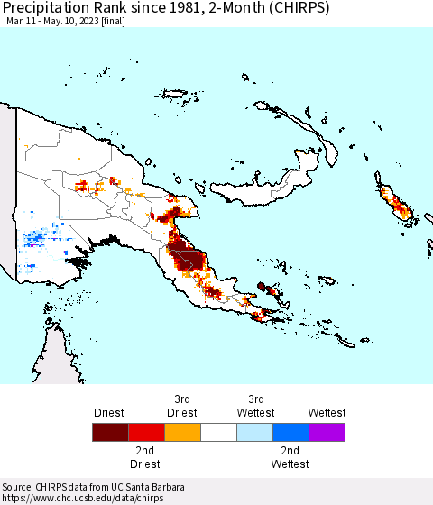 Papua New Guinea Precipitation Rank since 1981, 2-Month (CHIRPS) Thematic Map For 3/11/2023 - 5/10/2023
