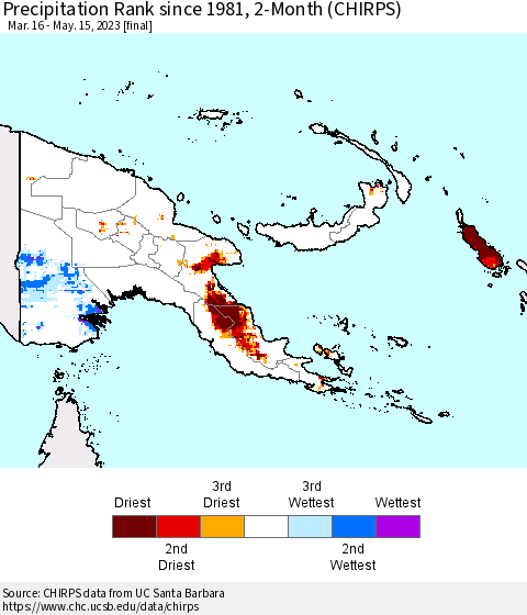 Papua New Guinea Precipitation Rank since 1981, 2-Month (CHIRPS) Thematic Map For 3/16/2023 - 5/15/2023