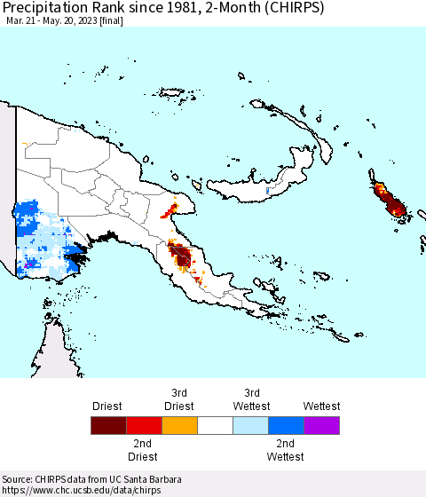 Papua New Guinea Precipitation Rank since 1981, 2-Month (CHIRPS) Thematic Map For 3/21/2023 - 5/20/2023