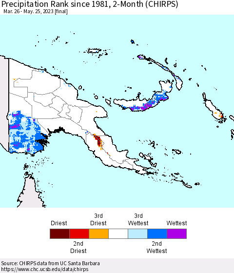 Papua New Guinea Precipitation Rank since 1981, 2-Month (CHIRPS) Thematic Map For 3/26/2023 - 5/25/2023