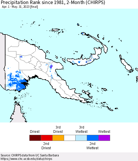 Papua New Guinea Precipitation Rank since 1981, 2-Month (CHIRPS) Thematic Map For 4/1/2023 - 5/31/2023