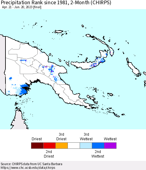 Papua New Guinea Precipitation Rank since 1981, 2-Month (CHIRPS) Thematic Map For 4/21/2023 - 6/20/2023