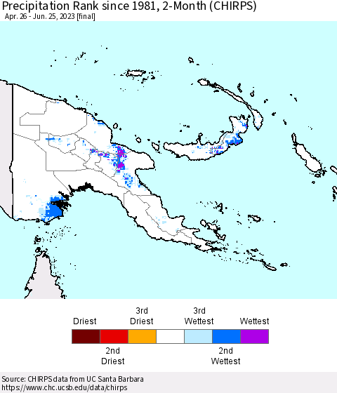 Papua New Guinea Precipitation Rank since 1981, 2-Month (CHIRPS) Thematic Map For 4/26/2023 - 6/25/2023