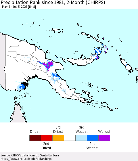 Papua New Guinea Precipitation Rank since 1981, 2-Month (CHIRPS) Thematic Map For 5/6/2023 - 7/5/2023