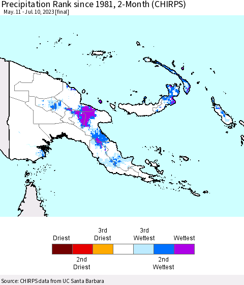 Papua New Guinea Precipitation Rank since 1981, 2-Month (CHIRPS) Thematic Map For 5/11/2023 - 7/10/2023
