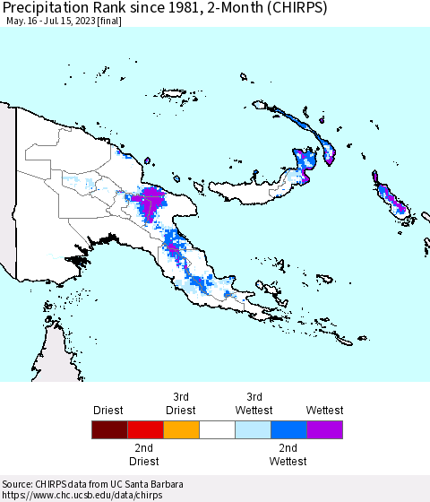 Papua New Guinea Precipitation Rank since 1981, 2-Month (CHIRPS) Thematic Map For 5/16/2023 - 7/15/2023