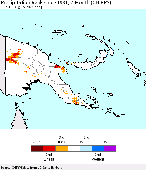 Papua New Guinea Precipitation Rank since 1981, 2-Month (CHIRPS) Thematic Map For 6/16/2023 - 8/15/2023