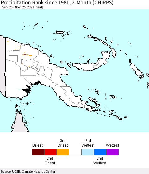 Papua New Guinea Precipitation Rank since 1981, 2-Month (CHIRPS) Thematic Map For 9/26/2023 - 11/25/2023