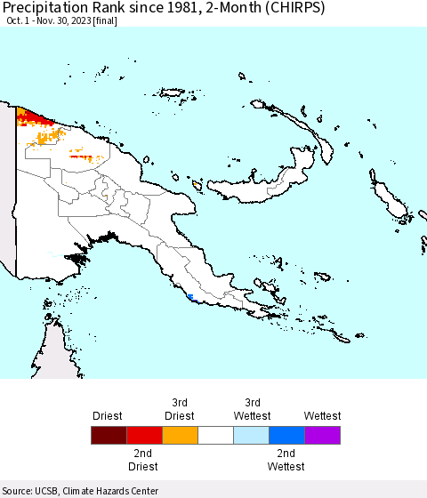 Papua New Guinea Precipitation Rank since 1981, 2-Month (CHIRPS) Thematic Map For 10/1/2023 - 11/30/2023