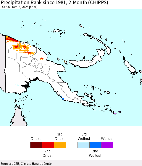 Papua New Guinea Precipitation Rank since 1981, 2-Month (CHIRPS) Thematic Map For 10/6/2023 - 12/5/2023