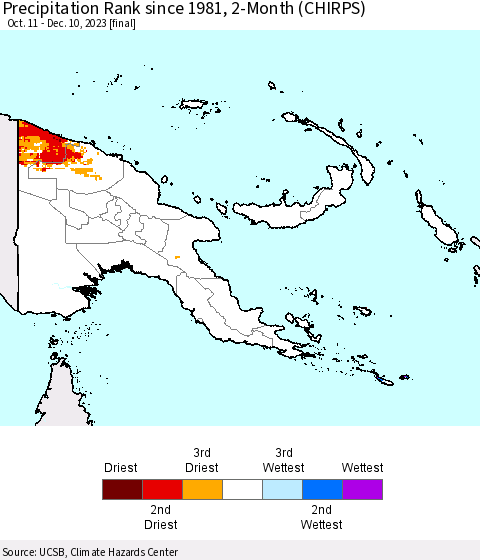 Papua New Guinea Precipitation Rank since 1981, 2-Month (CHIRPS) Thematic Map For 10/11/2023 - 12/10/2023