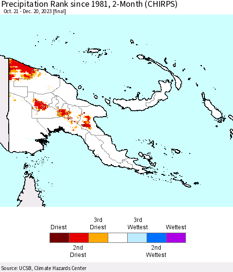 Papua New Guinea Precipitation Rank since 1981, 2-Month (CHIRPS) Thematic Map For 10/21/2023 - 12/20/2023