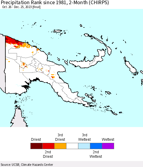 Papua New Guinea Precipitation Rank since 1981, 2-Month (CHIRPS) Thematic Map For 10/26/2023 - 12/25/2023