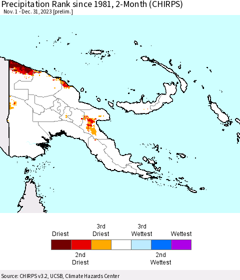 Papua New Guinea Precipitation Rank since 1981, 2-Month (CHIRPS) Thematic Map For 11/1/2023 - 12/31/2023