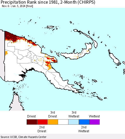 Papua New Guinea Precipitation Rank since 1981, 2-Month (CHIRPS) Thematic Map For 11/6/2023 - 1/5/2024