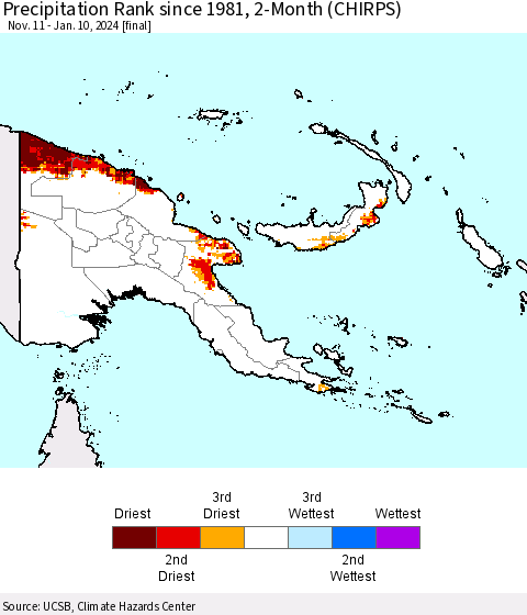 Papua New Guinea Precipitation Rank since 1981, 2-Month (CHIRPS) Thematic Map For 11/11/2023 - 1/10/2024