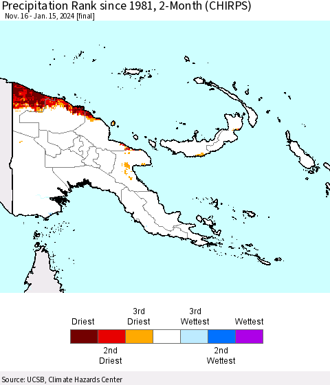 Papua New Guinea Precipitation Rank since 1981, 2-Month (CHIRPS) Thematic Map For 11/16/2023 - 1/15/2024