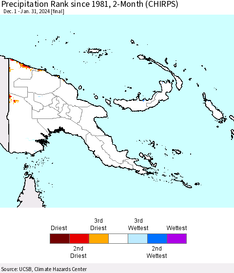Papua New Guinea Precipitation Rank since 1981, 2-Month (CHIRPS) Thematic Map For 12/1/2023 - 1/31/2024