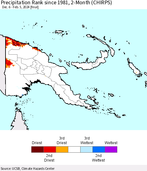 Papua New Guinea Precipitation Rank since 1981, 2-Month (CHIRPS) Thematic Map For 12/6/2023 - 2/5/2024