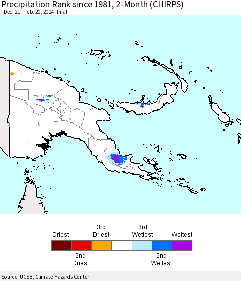 Papua New Guinea Precipitation Rank since 1981, 2-Month (CHIRPS) Thematic Map For 12/21/2023 - 2/20/2024