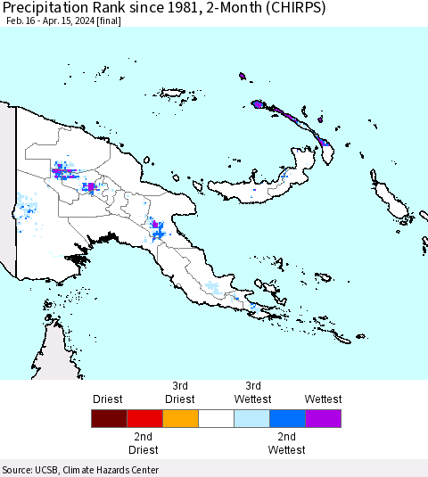 Papua New Guinea Precipitation Rank since 1981, 2-Month (CHIRPS) Thematic Map For 2/16/2024 - 4/15/2024
