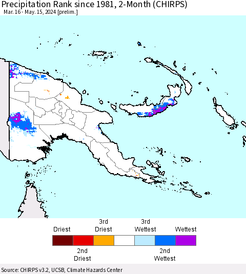 Papua New Guinea Precipitation Rank since 1981, 2-Month (CHIRPS) Thematic Map For 3/16/2024 - 5/15/2024