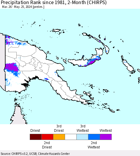 Papua New Guinea Precipitation Rank since 1981, 2-Month (CHIRPS) Thematic Map For 3/26/2024 - 5/25/2024