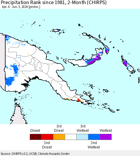 Papua New Guinea Precipitation Rank since 1981, 2-Month (CHIRPS) Thematic Map For 4/6/2024 - 6/5/2024