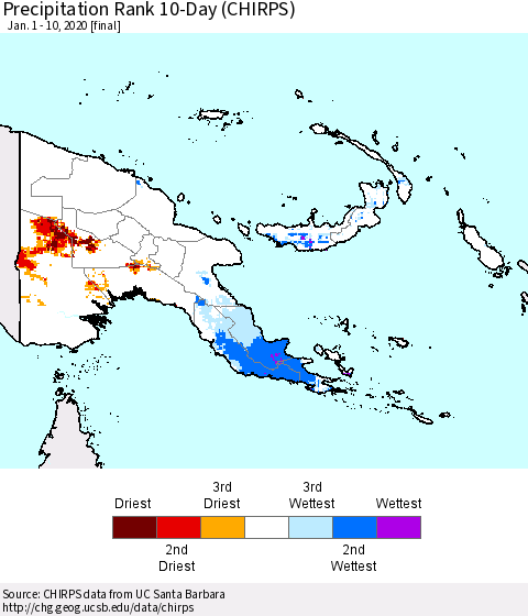 Papua New Guinea Precipitation Rank since 1981, 10-Day (CHIRPS) Thematic Map For 1/1/2020 - 1/10/2020