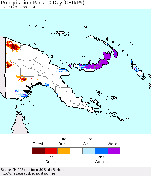 Papua New Guinea Precipitation Rank since 1981, 10-Day (CHIRPS) Thematic Map For 1/11/2020 - 1/20/2020