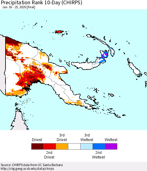 Papua New Guinea Precipitation Rank since 1981, 10-Day (CHIRPS) Thematic Map For 1/16/2020 - 1/25/2020