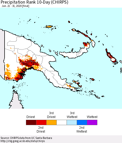 Papua New Guinea Precipitation Rank since 1981, 10-Day (CHIRPS) Thematic Map For 1/21/2020 - 1/31/2020