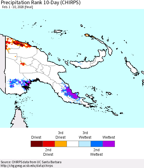 Papua New Guinea Precipitation Rank since 1981, 10-Day (CHIRPS) Thematic Map For 2/1/2020 - 2/10/2020