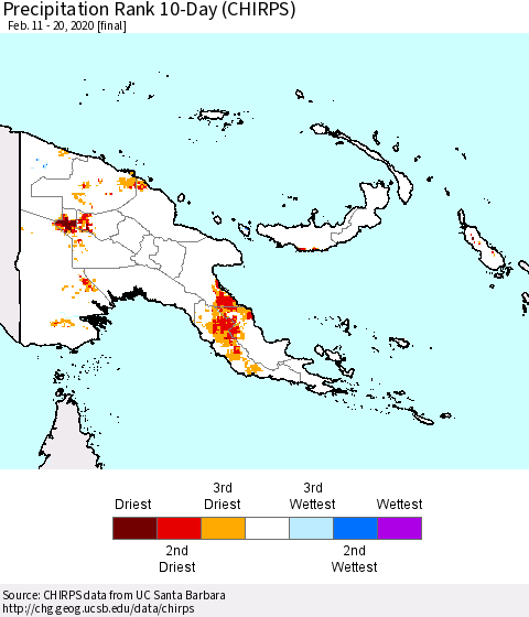 Papua New Guinea Precipitation Rank since 1981, 10-Day (CHIRPS) Thematic Map For 2/11/2020 - 2/20/2020