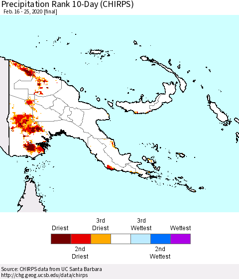 Papua New Guinea Precipitation Rank since 1981, 10-Day (CHIRPS) Thematic Map For 2/16/2020 - 2/25/2020