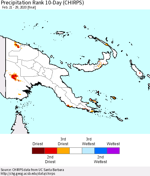 Papua New Guinea Precipitation Rank since 1981, 10-Day (CHIRPS) Thematic Map For 2/21/2020 - 2/29/2020