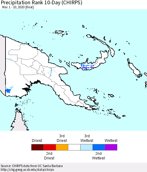 Papua New Guinea Precipitation Rank since 1981, 10-Day (CHIRPS) Thematic Map For 3/1/2020 - 3/10/2020