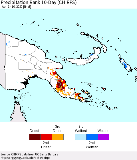 Papua New Guinea Precipitation Rank since 1981, 10-Day (CHIRPS) Thematic Map For 4/1/2020 - 4/10/2020