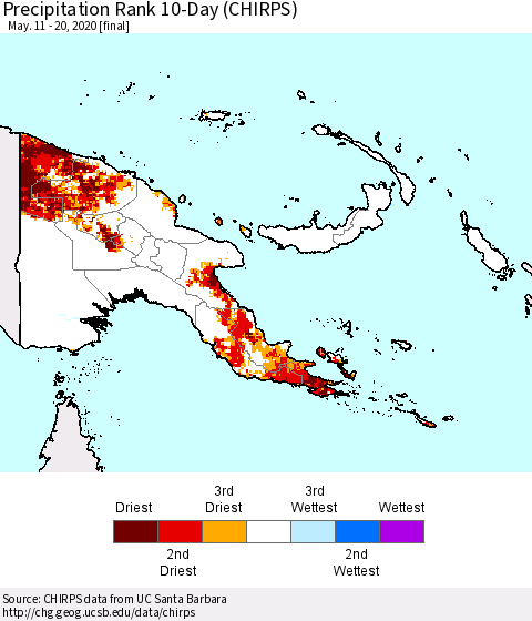 Papua New Guinea Precipitation Rank since 1981, 10-Day (CHIRPS) Thematic Map For 5/11/2020 - 5/20/2020