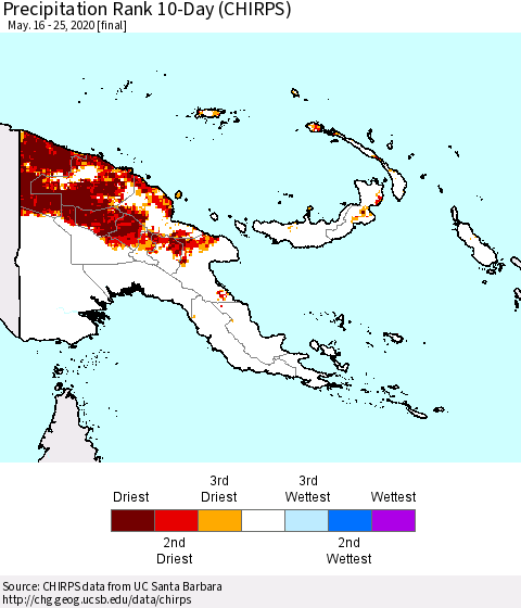 Papua New Guinea Precipitation Rank since 1981, 10-Day (CHIRPS) Thematic Map For 5/16/2020 - 5/25/2020