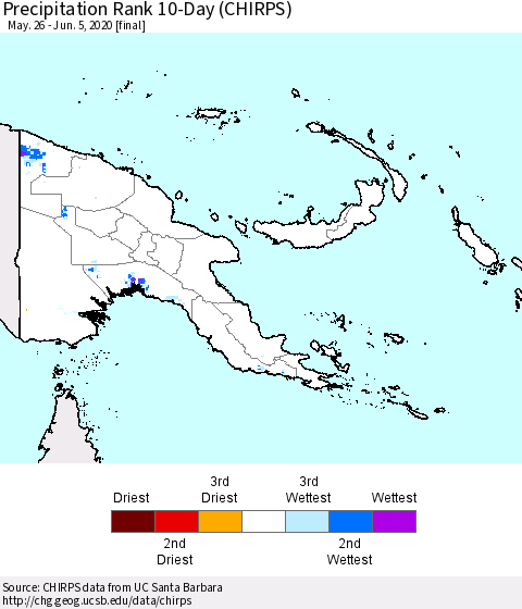 Papua New Guinea Precipitation Rank since 1981, 10-Day (CHIRPS) Thematic Map For 5/26/2020 - 6/5/2020