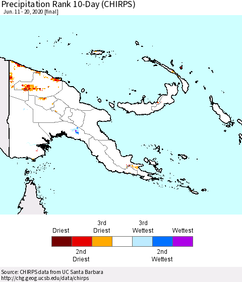 Papua New Guinea Precipitation Rank since 1981, 10-Day (CHIRPS) Thematic Map For 6/11/2020 - 6/20/2020